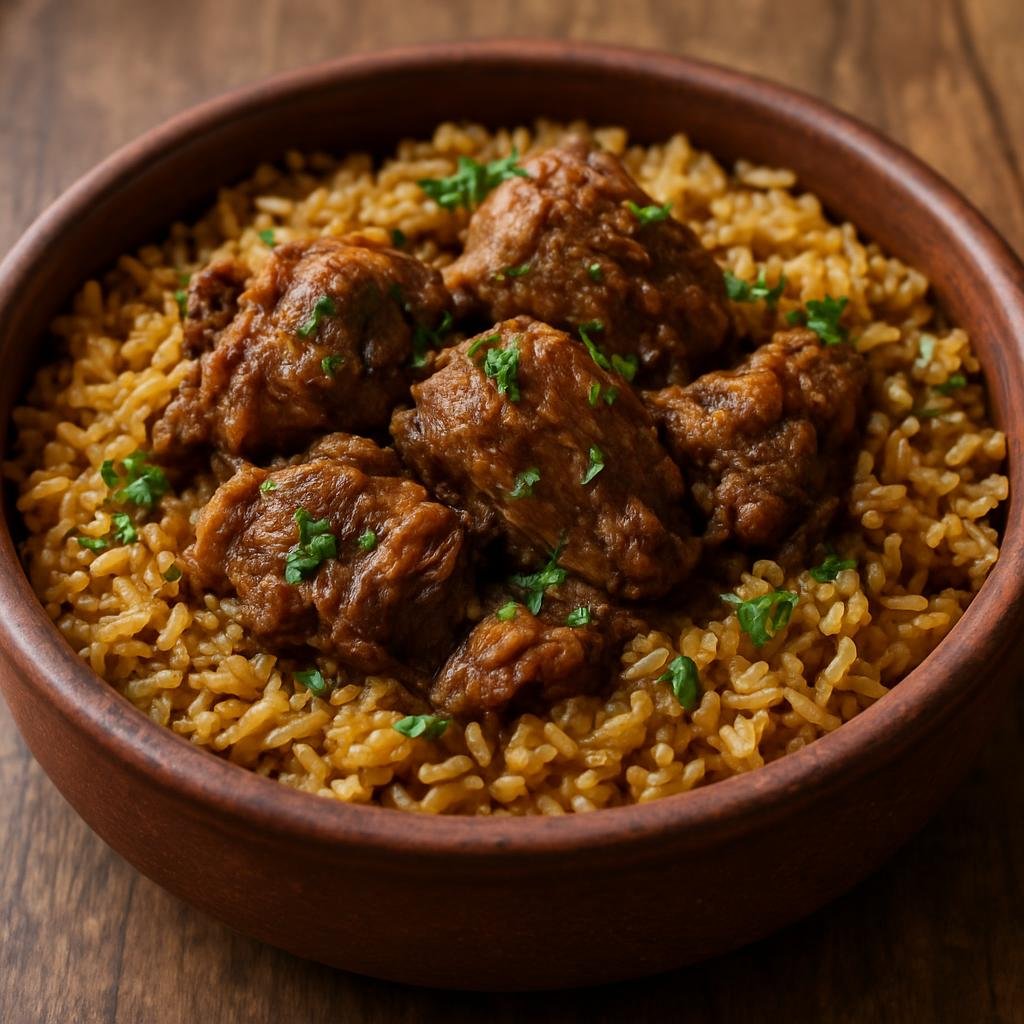 Entree: Palestine – Southern Culinary Region – قدرة ➤ Qidreh (Pot-cooked spiced lamb and rice casserole traditionally simmered until the meat is tender and the rice absorbs rich stock) recipe