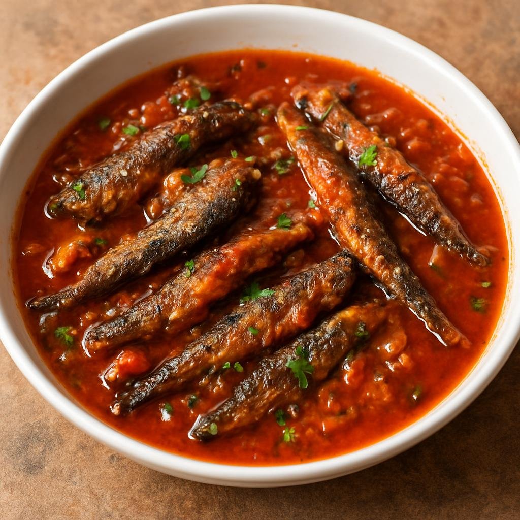 Entree: Republic of the Congo – Southern Culinary Region – Ndakala (Stewed smoked small fish cooked in a spicy palm-oil tomato sauce) recipe