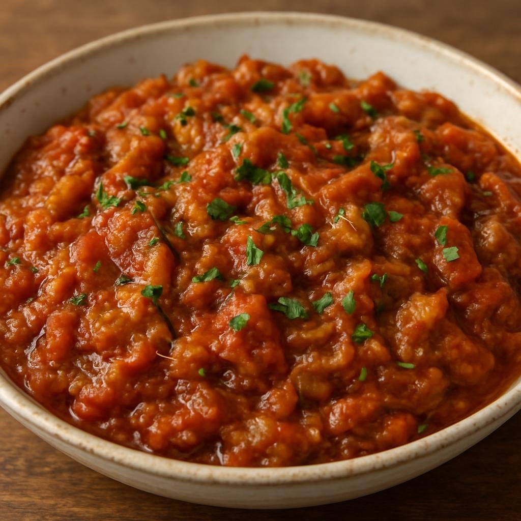 Entree: Western Sahara – Southern Culinary Region – Zaalouk (Smoky cooked eggplant and tomato salad seasoned with garlic and spices) recipe