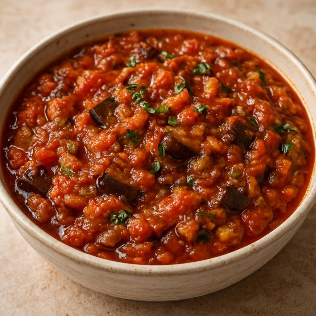 Entree: Morocco – Casablanca & Atlantic Coast – زعلوك ➤ Zaalouk (A cooked smoky eggplant and tomato salad/spread seasoned with garlic and spices) recipe
