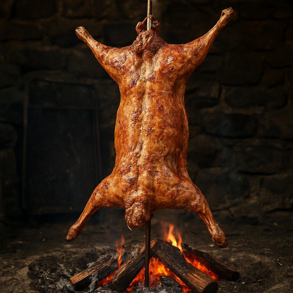 Entree: Chile – Chiloe – Cordero al Palo (Whole lamb slow-roasted on a pole over wood embers, simply seasoned and served rustic-style) recipe