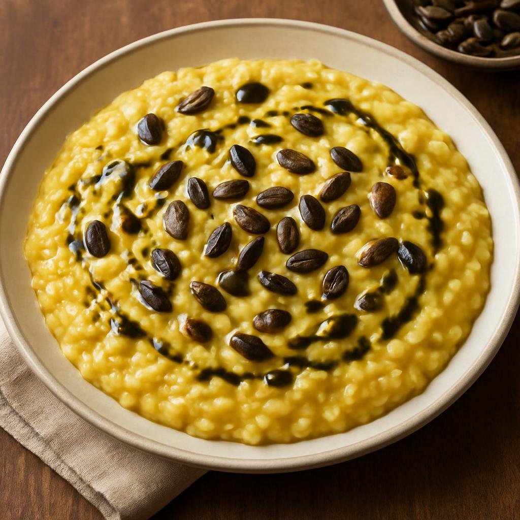Entree: Austria – Styria – Kürbiskernöl-Risotto (Creamy risotto finished with Styrian pumpkin seed oil and toasted pumpkin seeds) recipe