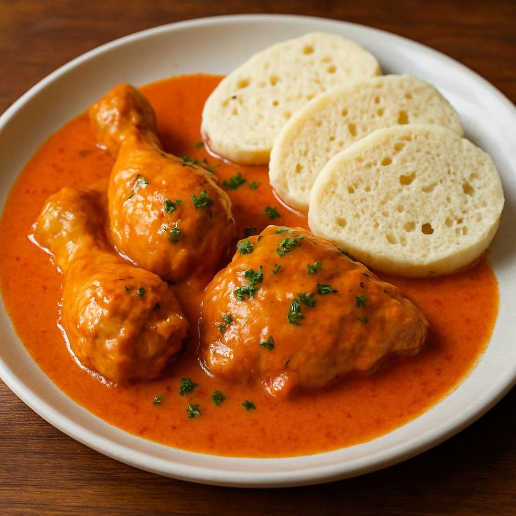 Entree: Czechia – Moravia – Kuře na paprice (Chicken pieces simmered in a sweet paprika and creamy sauce) recipe