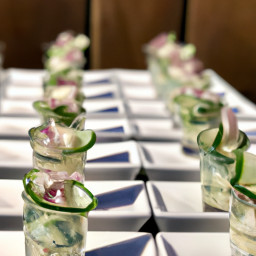 Appetizer: United States – Buttermilk Cucumber-Dill Shooters with Crispy Shallots recipe