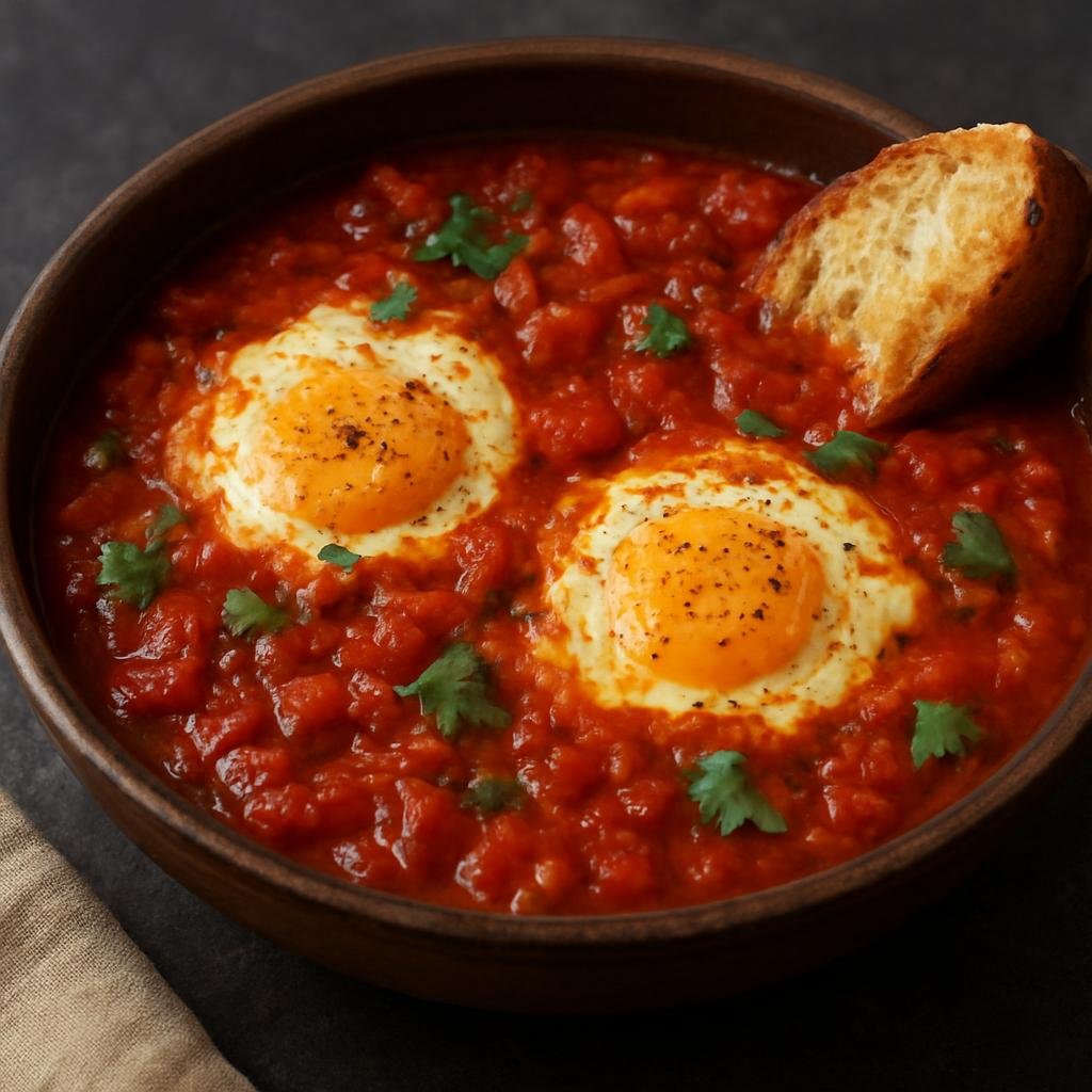 Entree: Tunisia – Southern Tunisia – شكشوكة ➤ Shakshūka (Poached eggs simmered in a spicy tomato and pepper stew flavored with North African spices and harissa) recipe