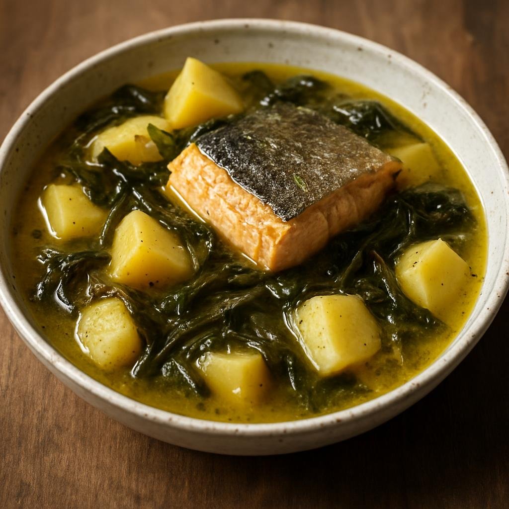 Entree: Greenland – Southern Culinary Region – Qilalukkat (Traditional Greenlandic baked Arctic char with potatoes and coastal seaweed in a buttery stock) recipe