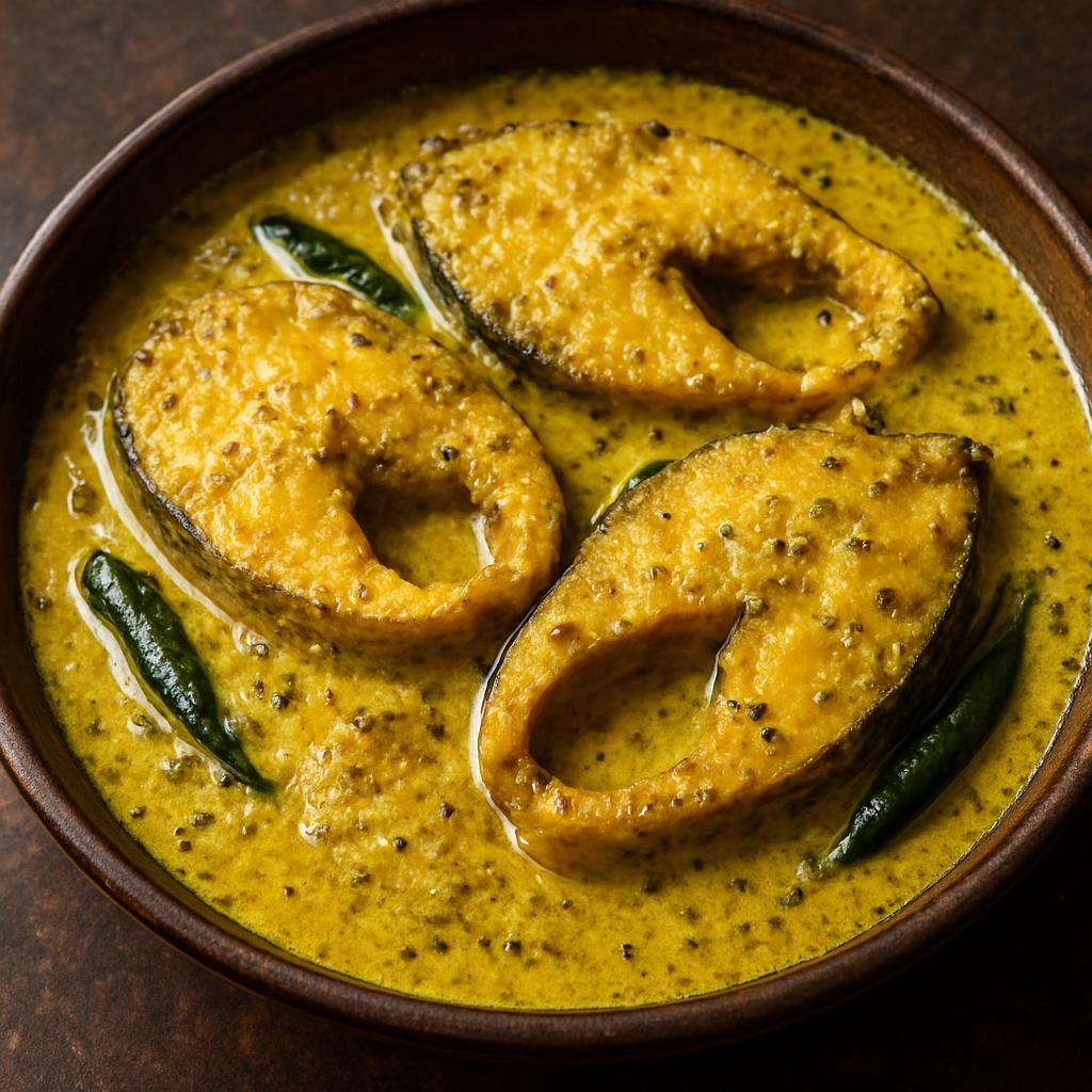 Entree: India – Bengal – সরষে ইলিশ ➤ Shorshe Ilish (Hilsa fish simmered in a sharp mustard-and-poppy seed sauce characteristic of Bengali cuisine) recipe