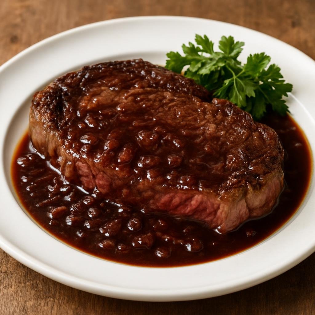 Entree: France – Bordeaux / Aquitaine – Entrecôte à la Bordelaise (Ribeye steak served with a rich Bordeaux-style sauce made from red wine, shallots, and bone marrow) recipe