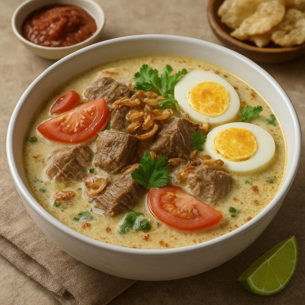 Entree: Indonesia – Betawi Jakarta – Soto Betawi (Betawi-style beef soup in a fragrant coconut-milk and spice broth from Jakarta) recipe