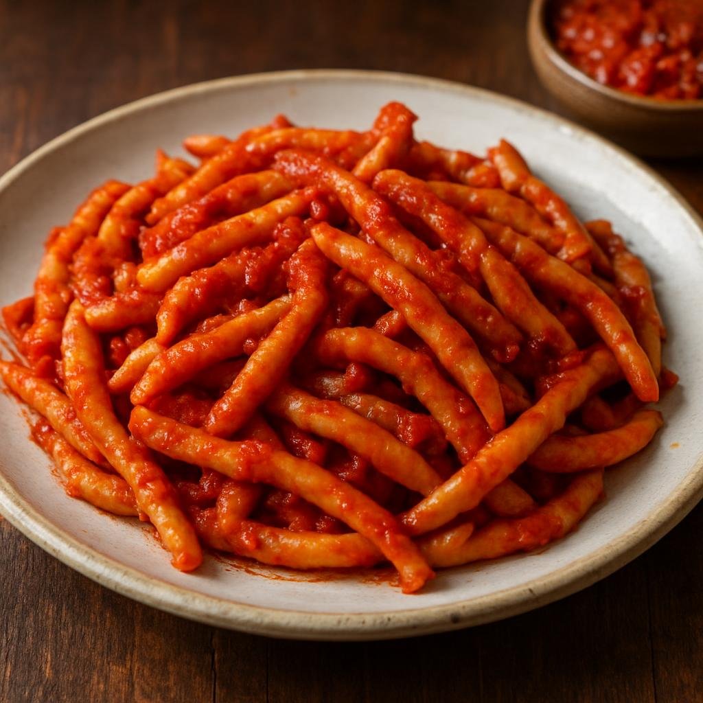 Entree: Italy – Calabria – Fileja alla 'Nduja (Short, twisted Calabrian pasta tossed in spicy spreadable 'nduja pork-sausage and tomato sauce) recipe