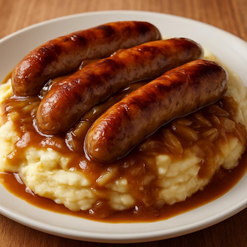 Entree: United Kingdom – England - London & Southeast – Bangers and Mash (Pork sausages served over creamy mashed potatoes with onion gravy) recipe