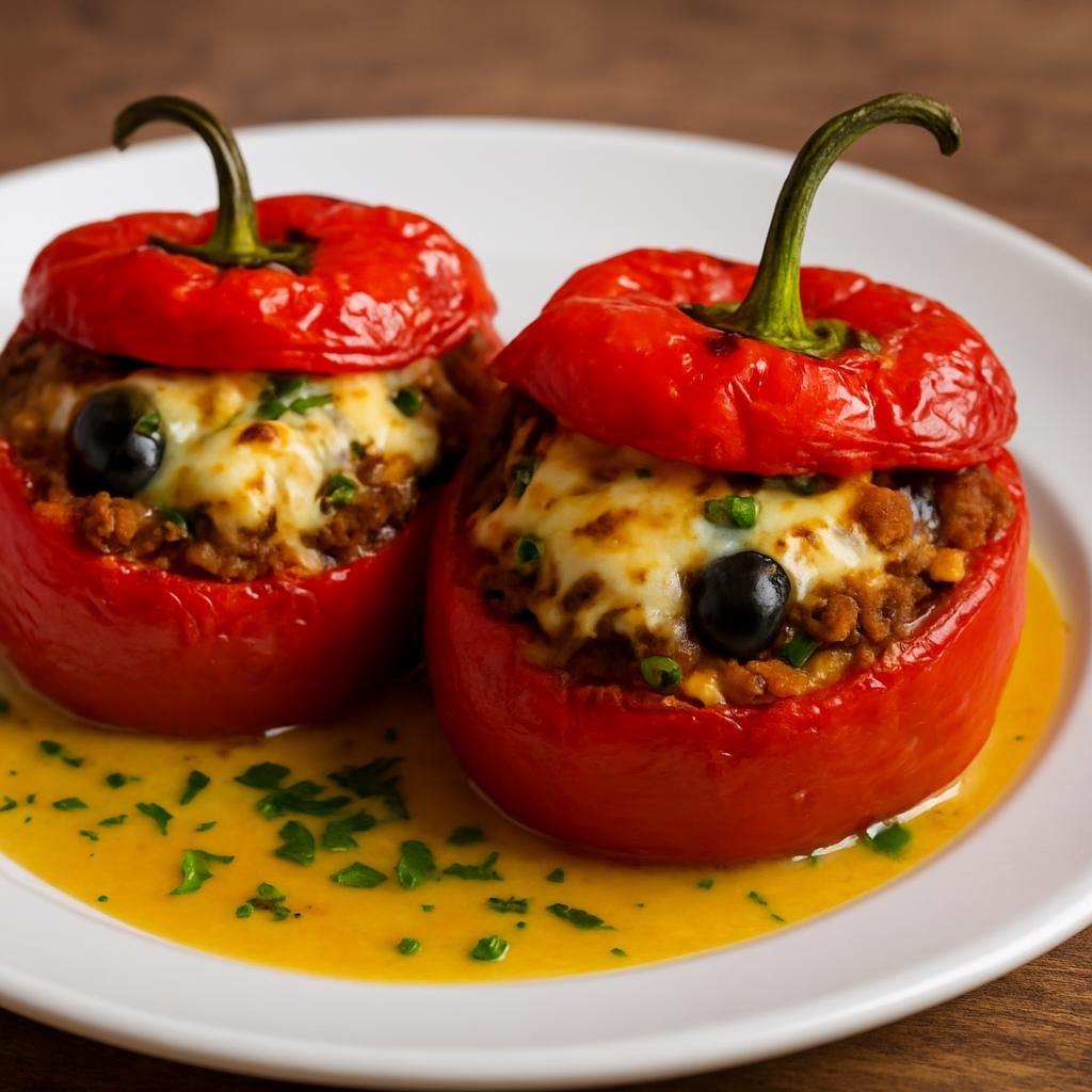 Entree: Peru – Arequipa – Rocoto Relleno (Baked Arequipeño stuffed rocoto peppers filled with spiced meat, vegetables, olives and cheese) recipe