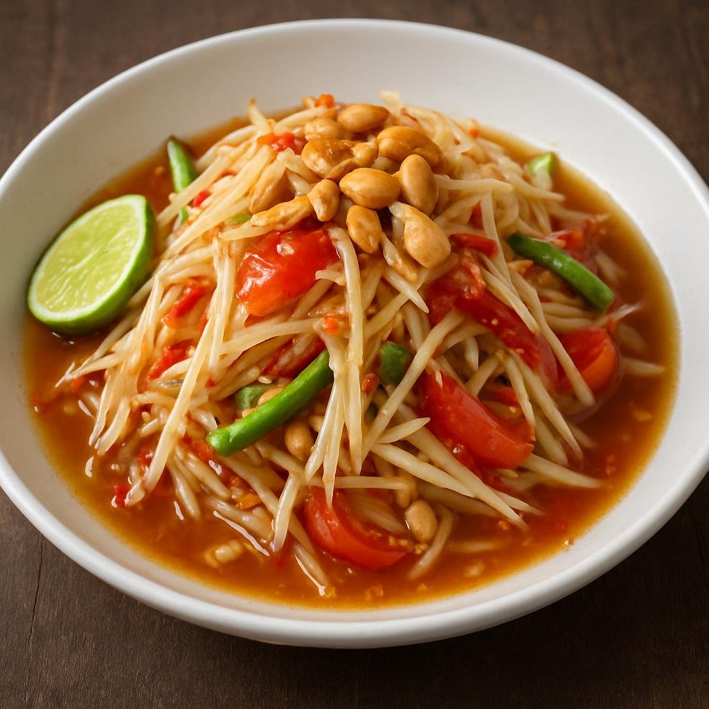 Entree: Thailand – Northeastern Isan – ส้มตำ ➤ Som tam (Spicy shredded green papaya salad with lime, chilies, fish sauce, and peanuts) recipe