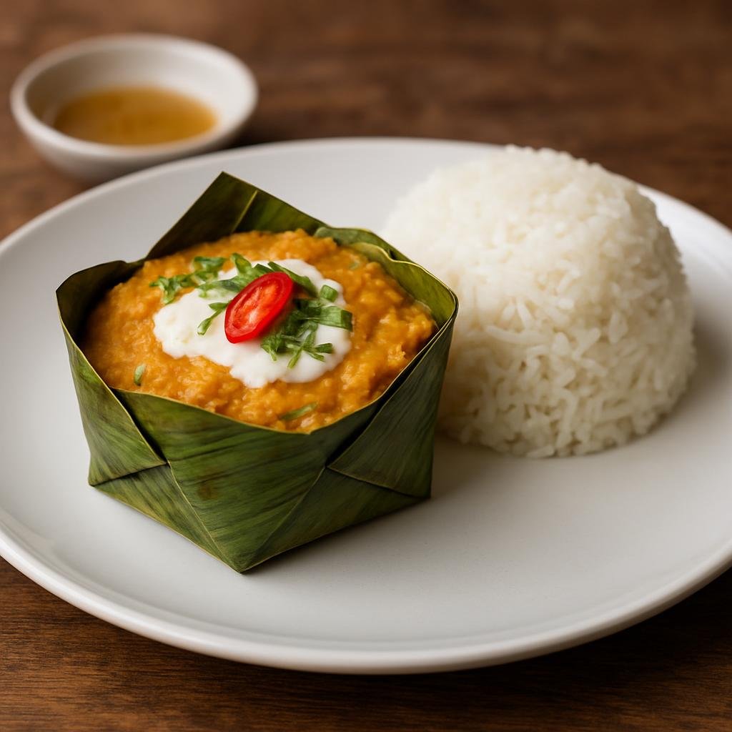 Entree: Cambodia – Mekong Cambodia – អាម៉ុកត្រី ➤ Amok Trey (Cambodian steamed curried fish mousse traditionally cooked in banana leaf and served with rice) recipe
