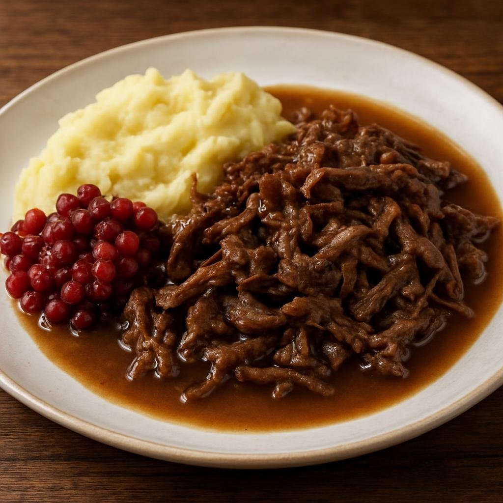 Entree: Finland – Lapland – Poronkäristys (Thinly sliced reindeer sautéed and simmered into a rich gravy, served with mashed potatoes and lingonberries) recipe