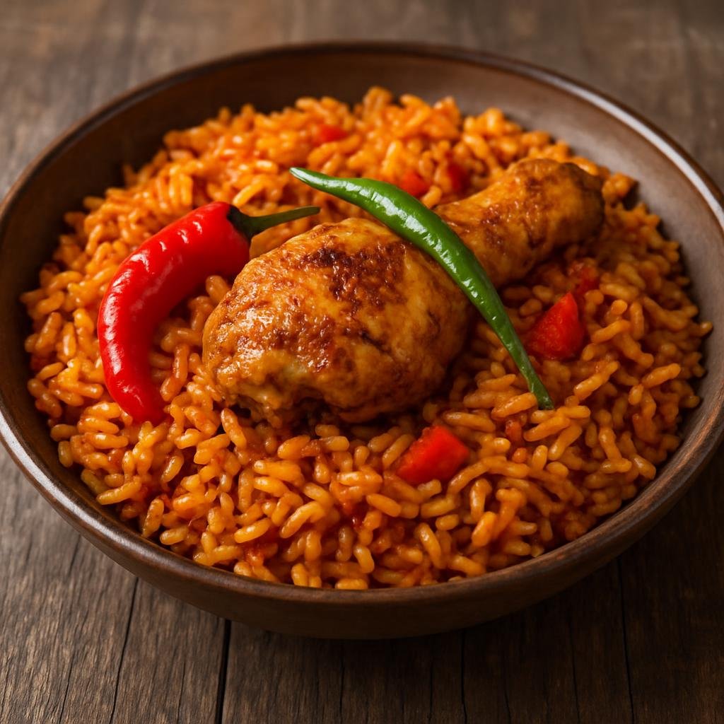 Entree: Ghana – Ghanaian Street Food – Jollof Rice (One-pot West African tomato-and-spice rice cooked with seasoned chicken and aromatic peppers) recipe