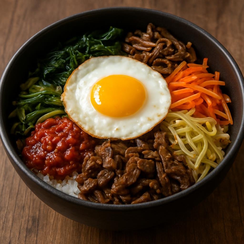 Entree: South Korea – Jeolla – 전주비빔밥 ➤ Jeonju bibimbap (Jeonju-style mixed rice bowl topped with seasoned vegetables, marinated beef, spicy gochujang, and a fried egg) recipe