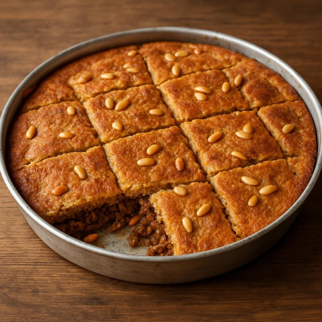 Entree: Syria – Euphrates Valley – كبة بالصينية ➤ Kibbeh bil-saniyeh (Baked layered pie of bulgur dough filled with spiced minced lamb and pine nuts) recipe