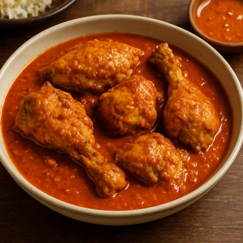 Entree: Democratic Republic of the Congo – Southern Culinary Region – Moambe Chicken (Chicken stewed in a rich palm-nut and tomato sauce typical of Central African cuisine) recipe
