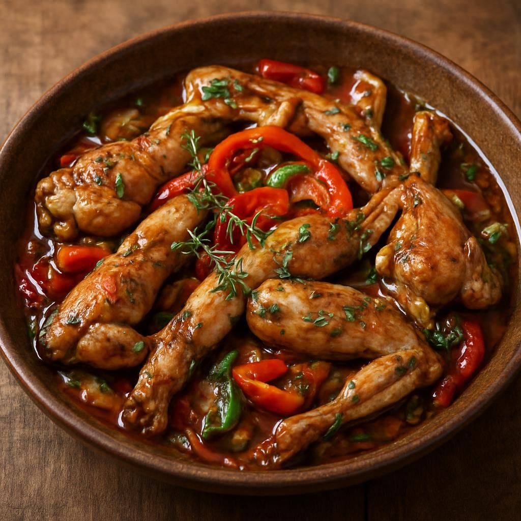 Entree: Dominica – Southern Culinary Region – Mountain Chicken (Traditional Dominican preparation of large frog legs cooked Creole-style with garlic, thyme, citrus, and peppers) recipe
