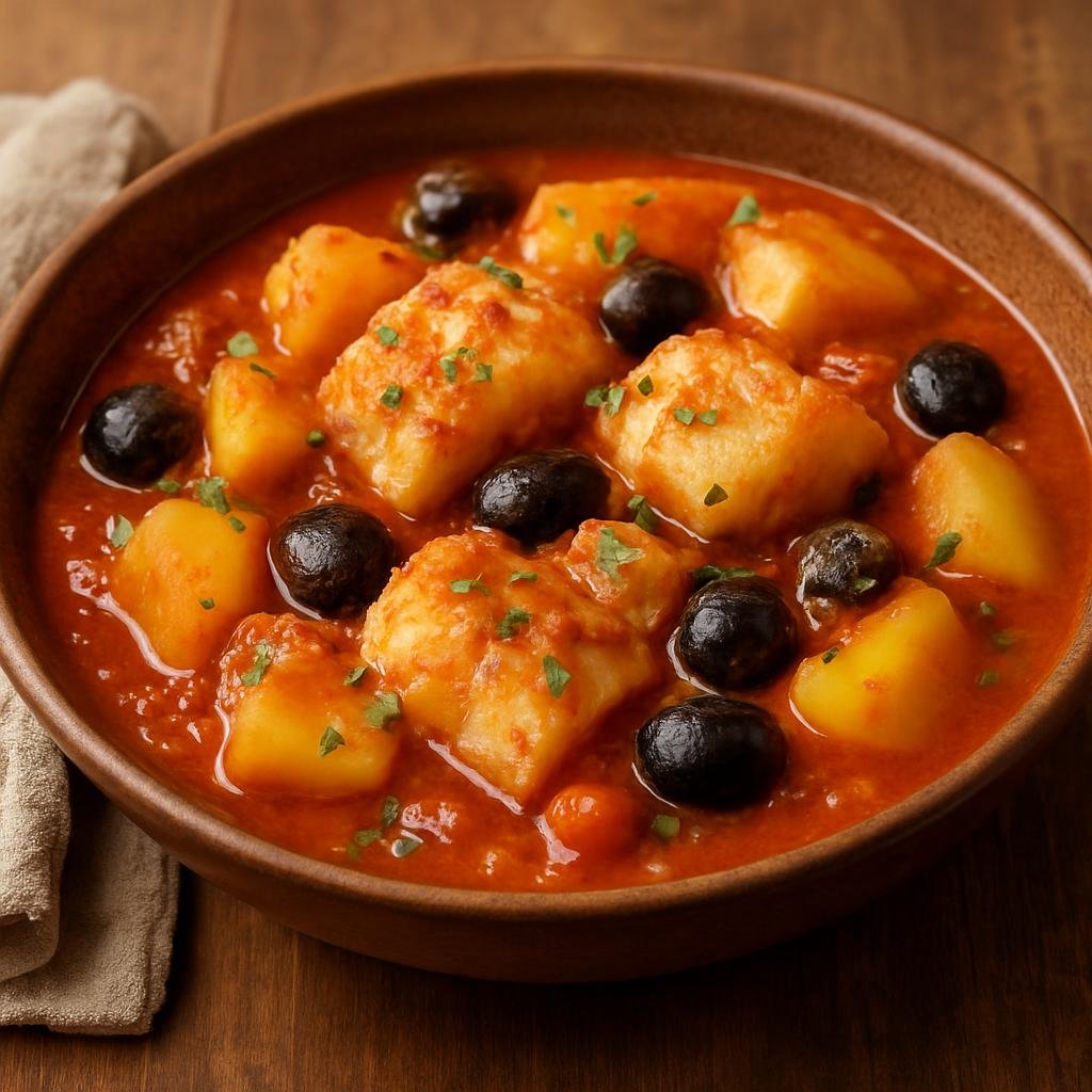 Entree: Norway – Western Fjords – Bacalao (Slow-simmered salted cod stew with tomatoes, potatoes, and olives) recipe