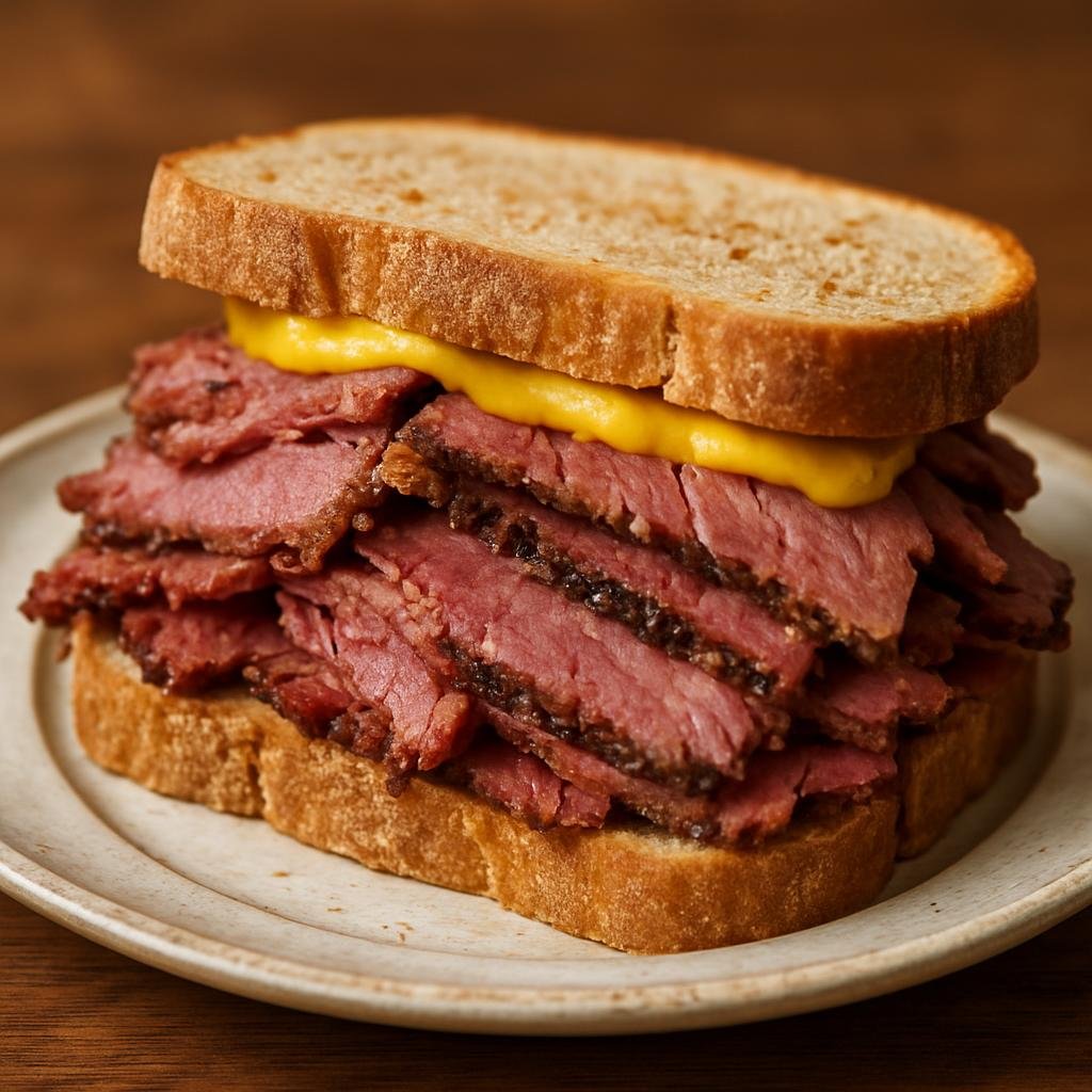 Entree: Canada – Central Culinary Region – Montreal Smoked Meat Sandwich (Warm rye sandwich piled high with peppery cured and smoked beef brisket and dressed with mustard) recipe