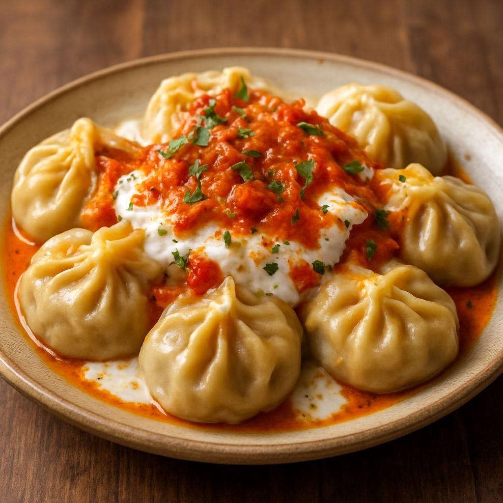 Entree: Afghanistan – Kabul & Central Afghanistan – منتو ➤ Mantū (Steamed dumplings filled with spiced ground meat, topped with garlic-yogurt and a tomato-onion sauce) recipe