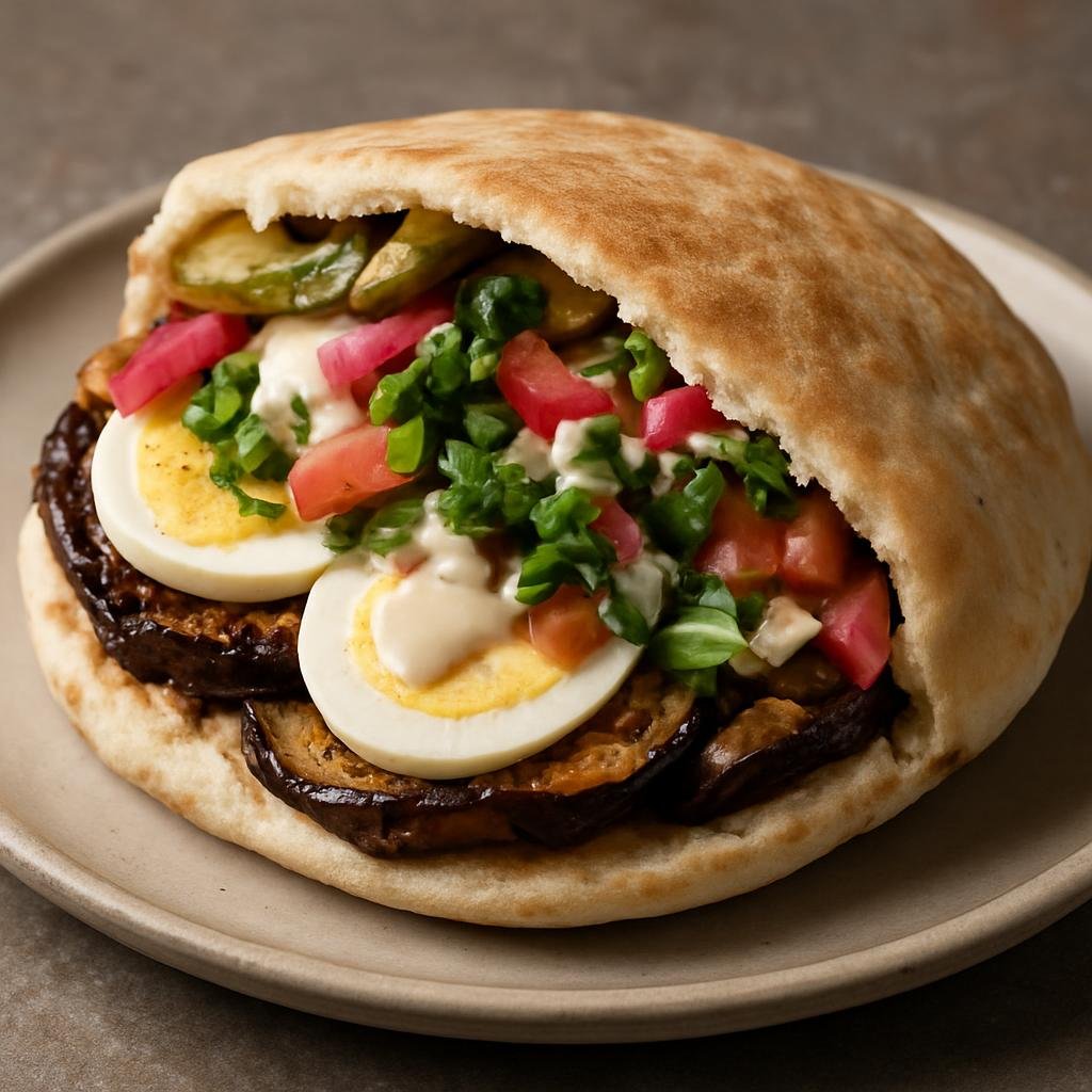 Entree: Israel – Mediterranean Israeli – סביח ➤ Sabich (Pita sandwich filled with fried eggplant, hard-boiled eggs, salads, tahini, and pickles) recipe