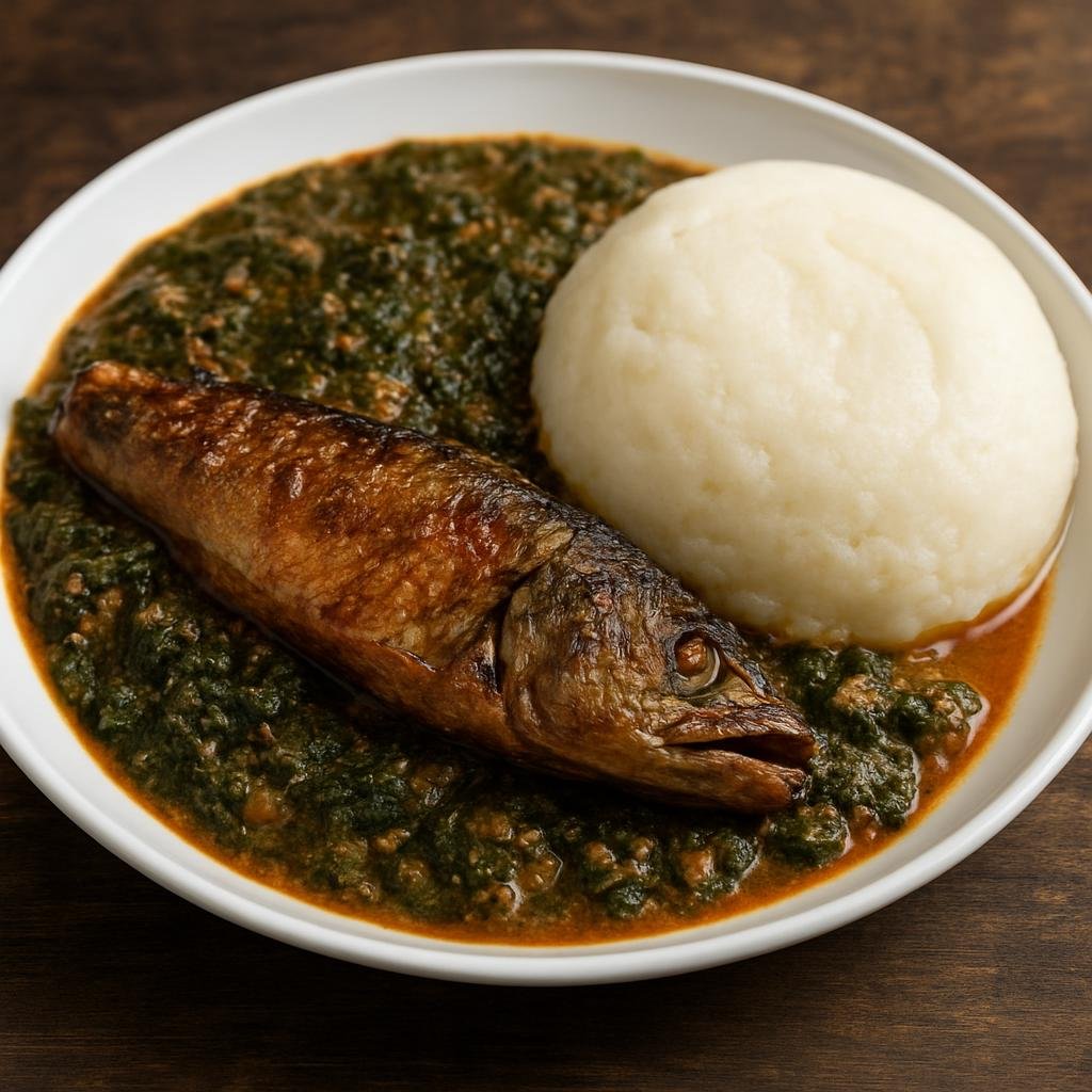 Entree: Central African Republic – Southern Culinary Region – Ngoundja (Hearty Central African peanut and leafy-green stew with smoked fish, served with starch such as rice or fufu) recipe