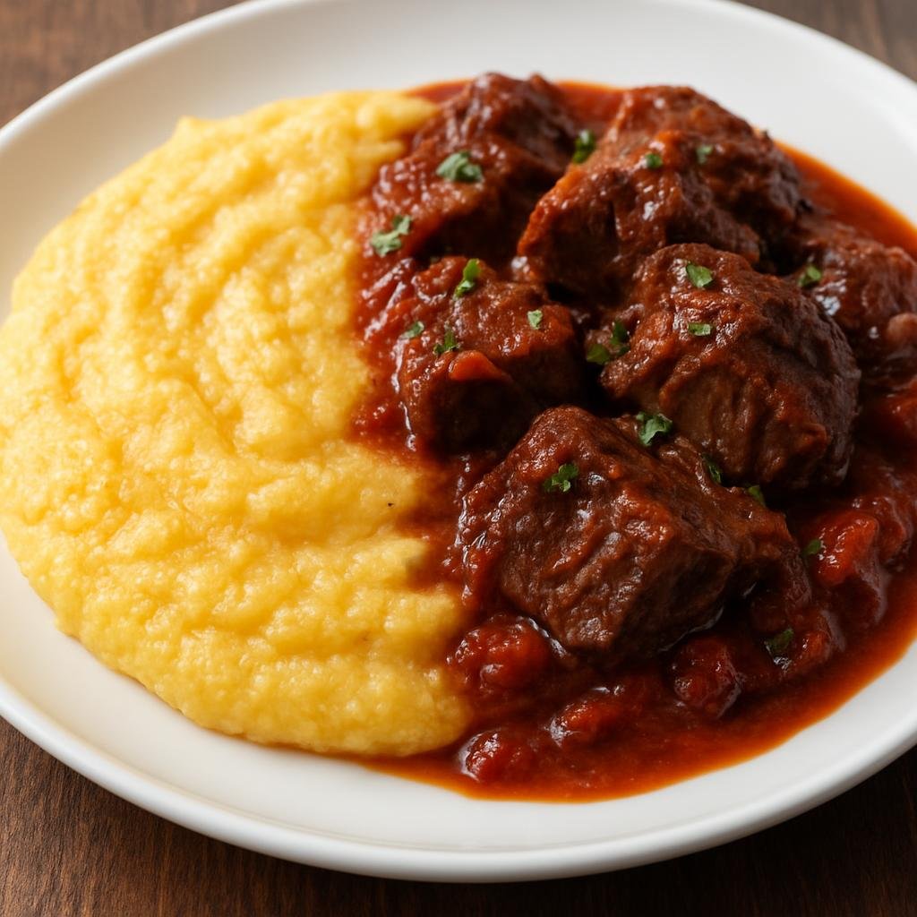 Entree: Switzerland – Italian Swiss / Ticino – Polenta e Brasato (Creamy coarse-corn polenta served with slow-braised beef in a rich red-wine and tomato sauce) recipe