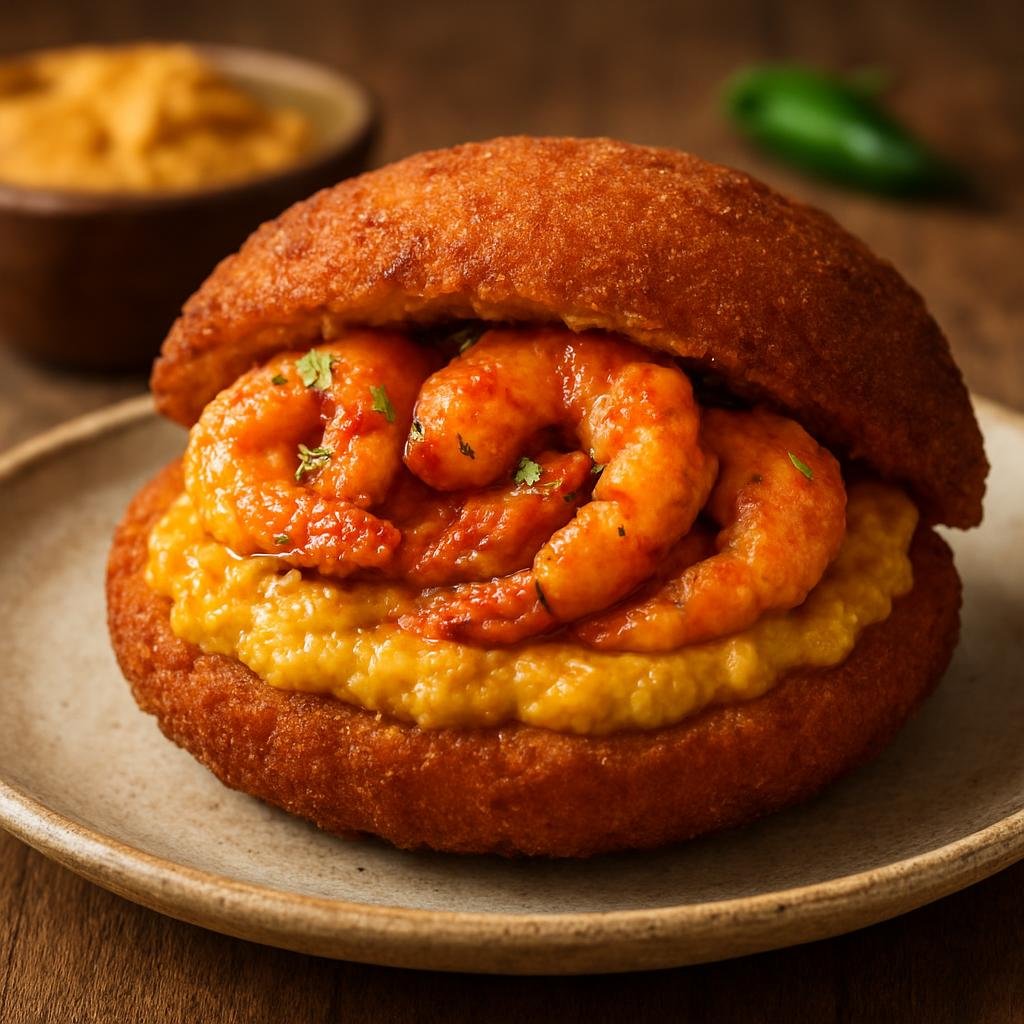 Entree: Brazil – Brazilian Street Food – Acarajé (Deep-fried black-eyed-pea fritters from Bahia traditionally served split and filled with a spicy shrimp and creamy vatapá filling) recipe