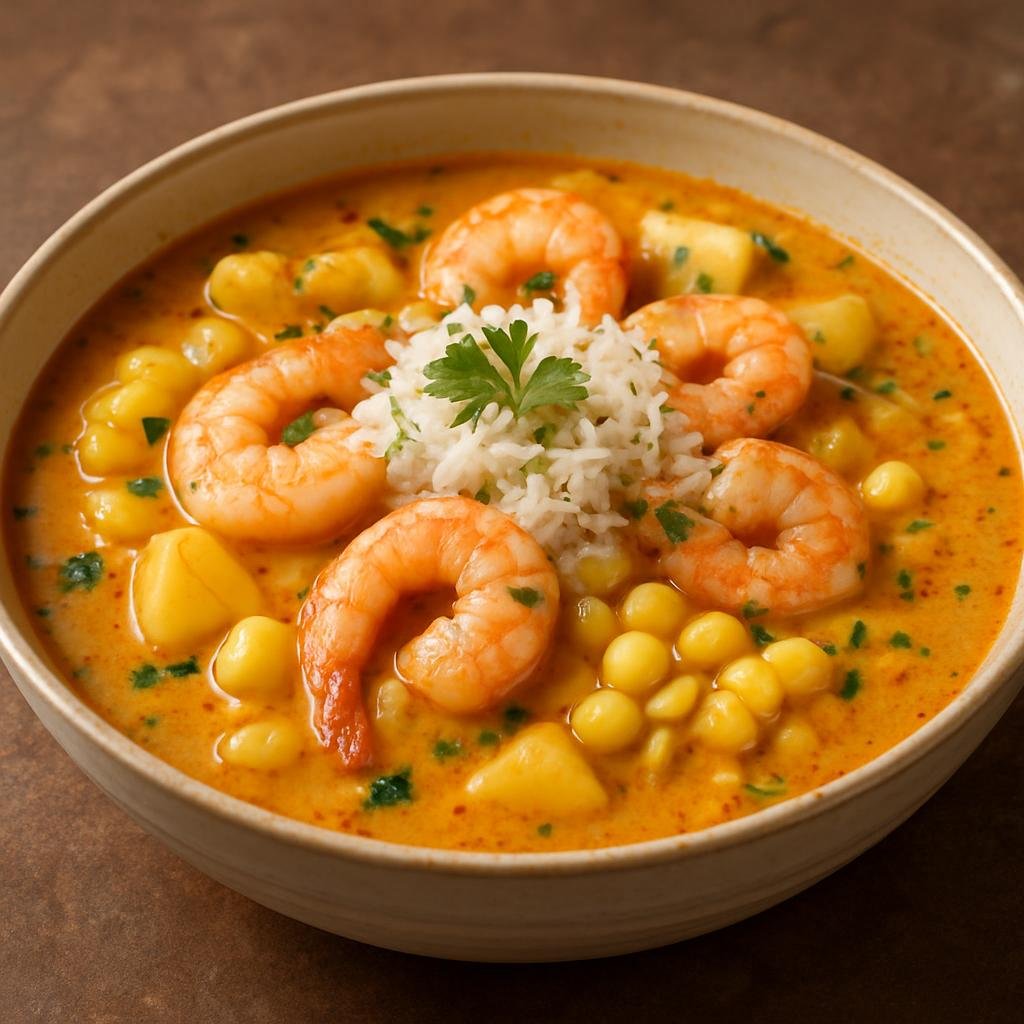 Entree: Peru – Arequipa – Chupe de Camarones (Hearty Arequipa shrimp chowder with potatoes, corn, rice, and a creamy, spiced broth) recipe