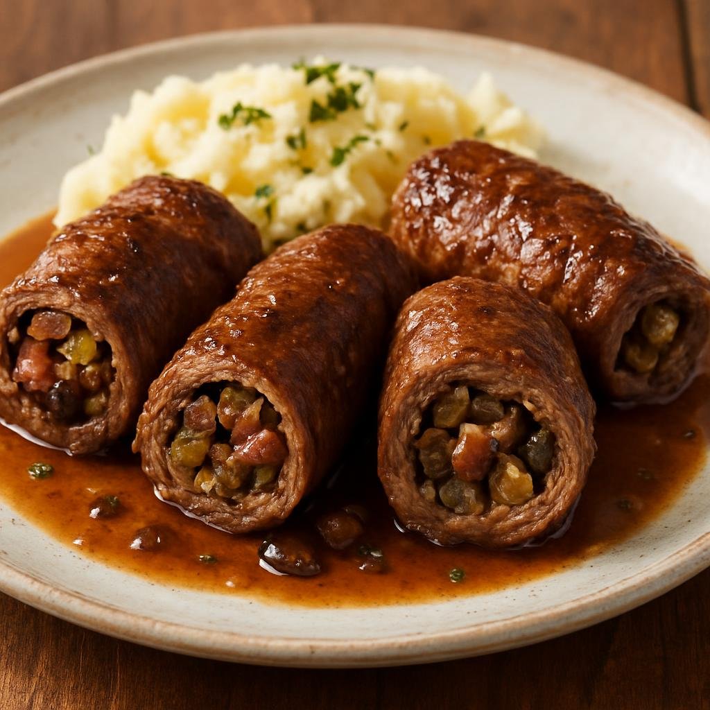 Entree: Poland – Mazovia / Warsaw – Zrazy Zawijane (Rolled Polish beef roulades stuffed with a savory filling of mushrooms, bacon, and pickles) recipe