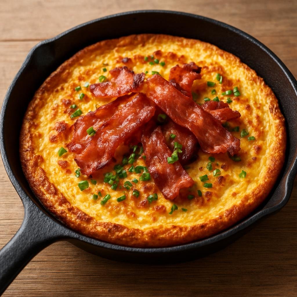 Entree: Denmark – Funen – Æggekage (Thick Danish pan-baked egg pancake typically topped with crisp bacon and fresh chives) recipe