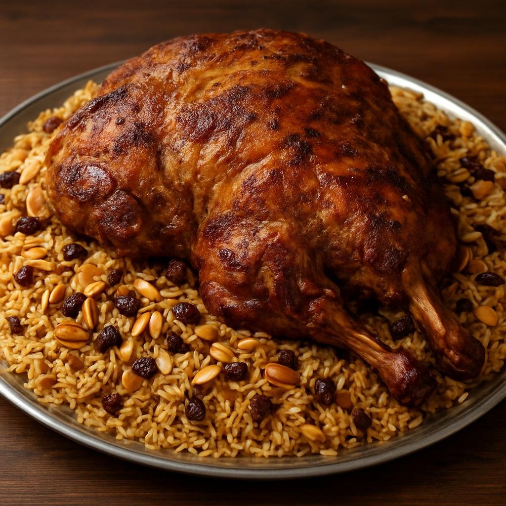 Entree: Iraq – Marsh Arab Cuisine – قوزي ➤ Quzi (Whole slow-roasted spiced lamb stuffed and served over seasoned rice with nuts and raisins) recipe