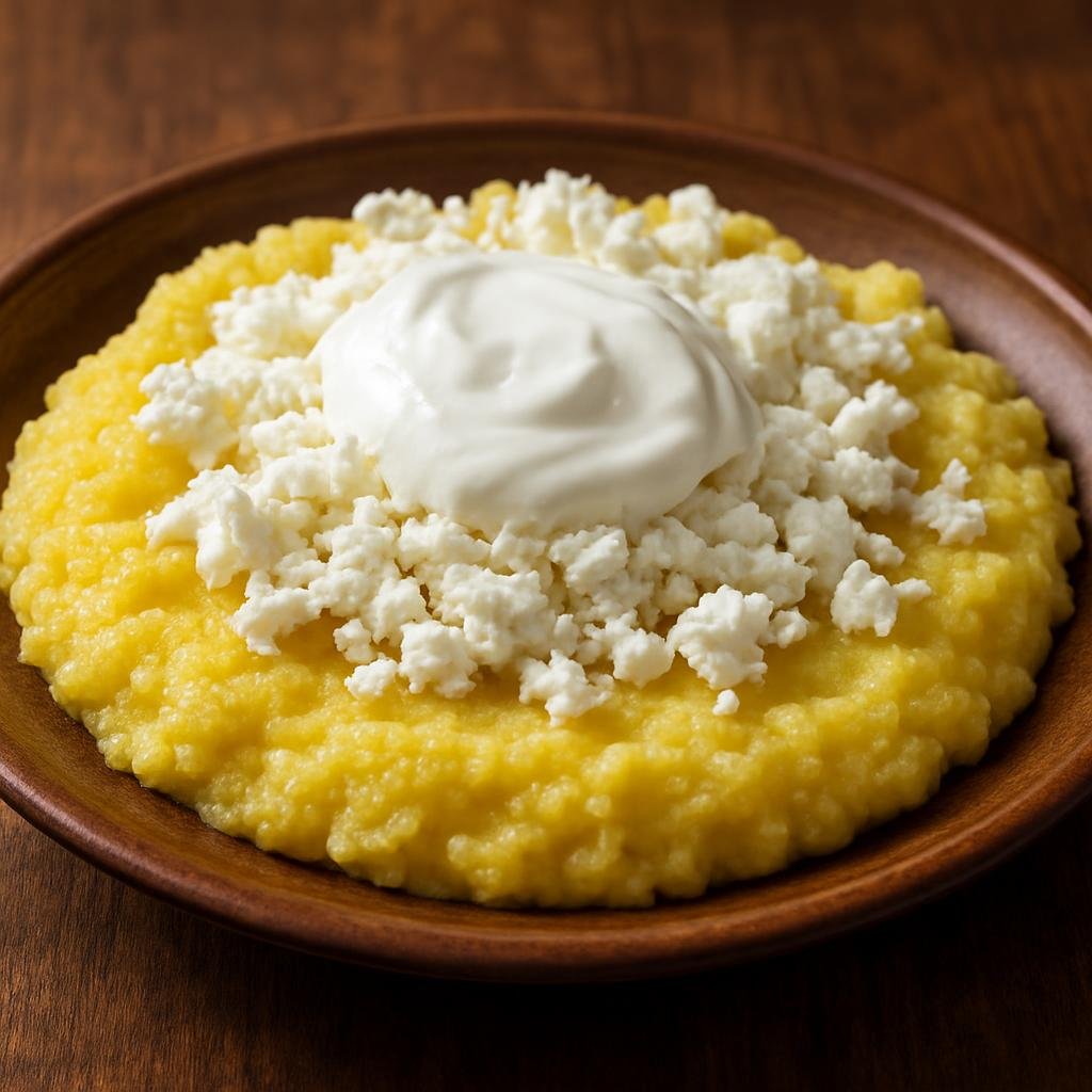 Entree: Romania – Transylvania – Mămăligă cu brânză și smântână (Thick cornmeal porridge served with salty cheese and sour cream) recipe