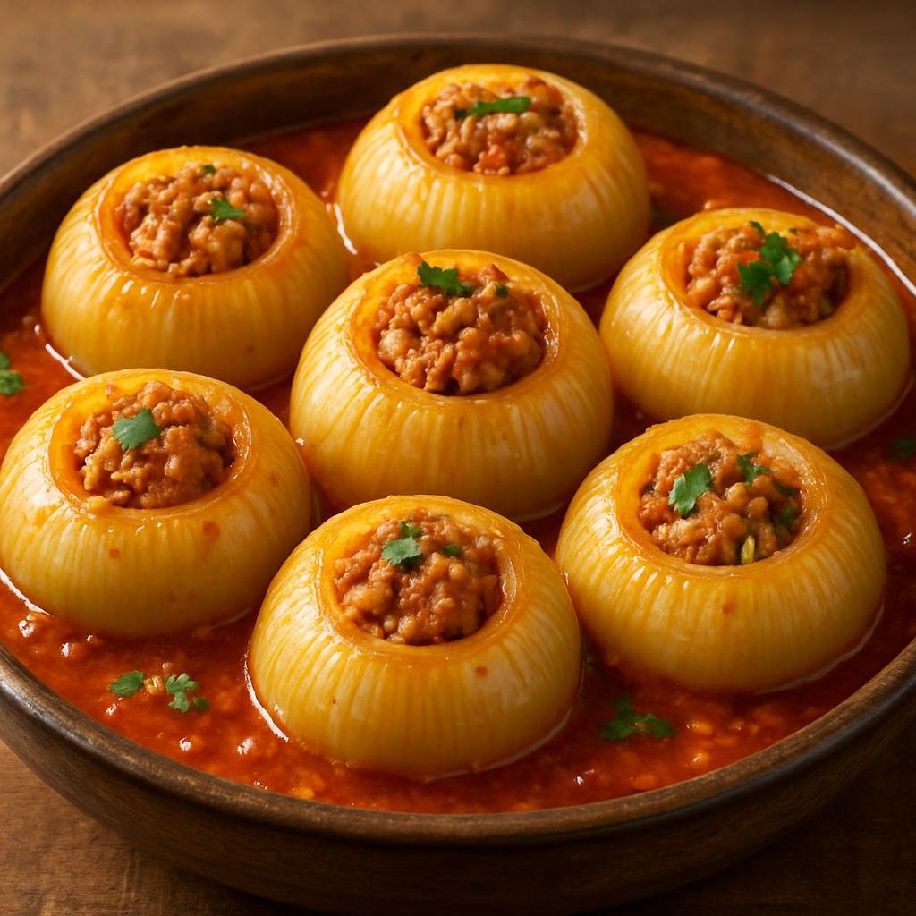 Entree: Bosnia and Herzegovina – Southern Culinary Region – Sogan-dolma (Onion bulbs hollowed and stuffed with a rice-and-meat filling braised in a tomato sauce) recipe