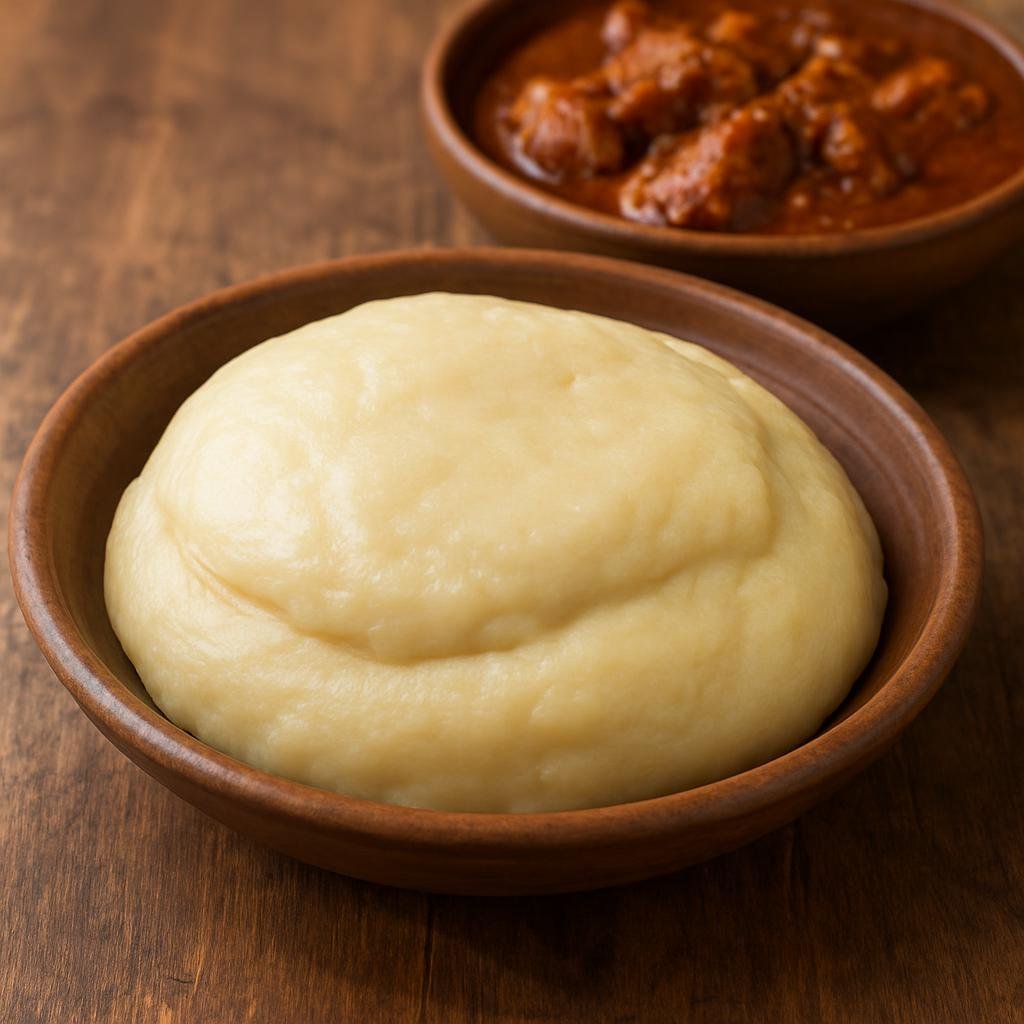 Entree: Burkina Faso – Southern Culinary Region – Fufu (Thick starchy dough of pounded cassava and plantain served for dipping into savory stews) recipe