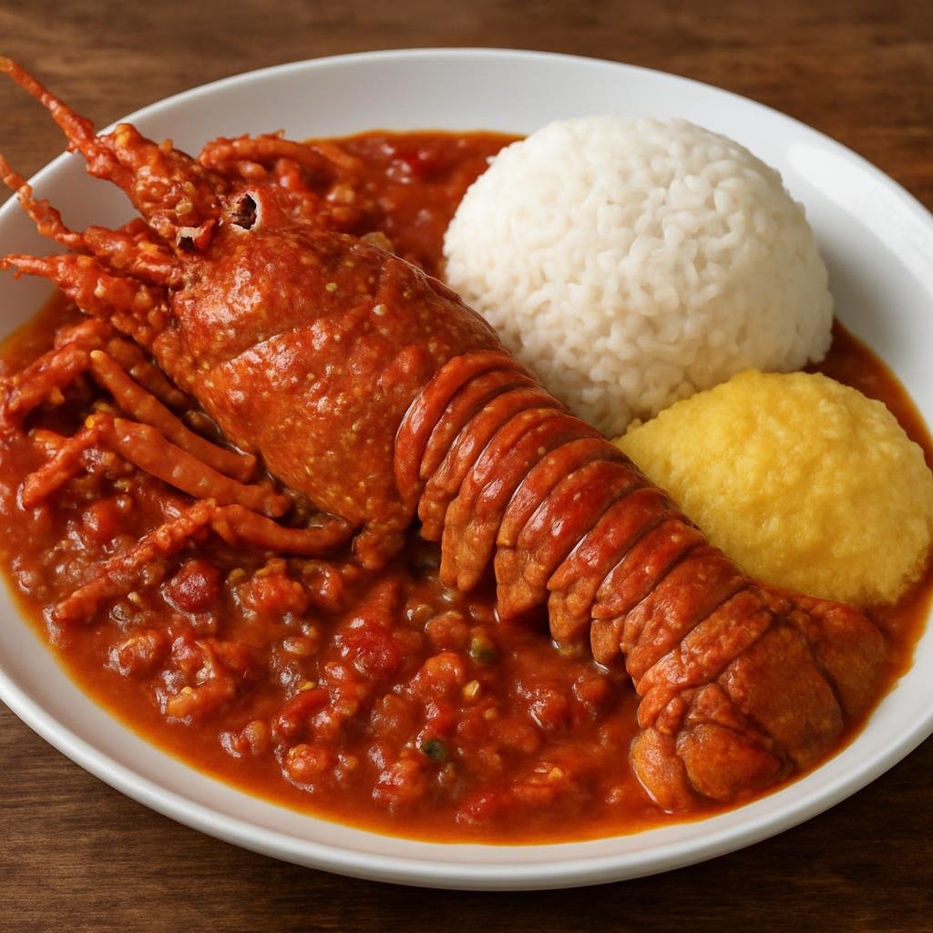Entree: Cape Verde – Southern Culinary Region – Lagostada (A spiny lobster prepared in a garlicky tomato and pepper sauce, served with rice or cornmeal) recipe