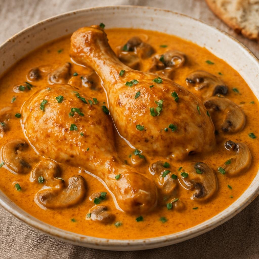 Entree: Hungary – Transdanubia – Bakonyi Csirke (Chicken braised in a creamy Hungarian paprika and mushroom sauce typical of the Bakony region) recipe