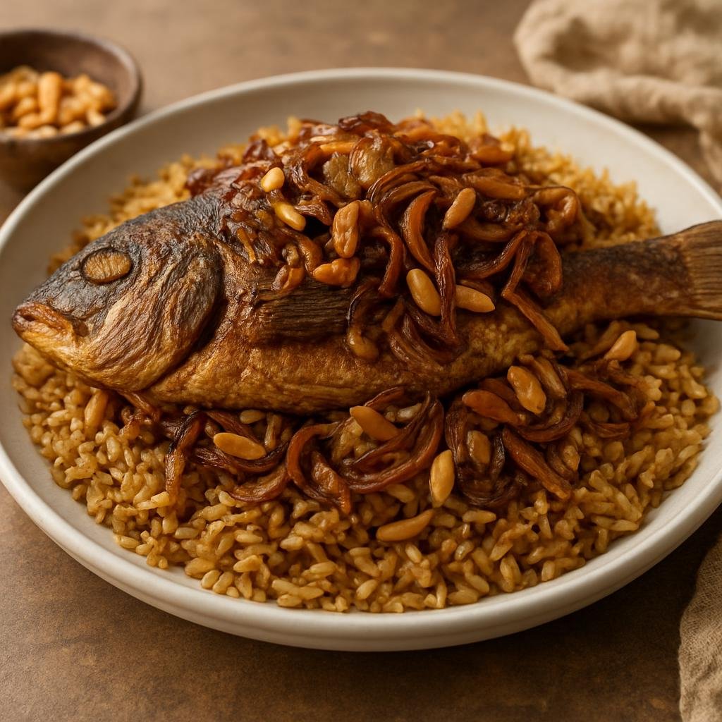 Entree: Lebanon – Northern Lebanon – صيادية ➤ Sayyadiyeh (Spiced fish and rice pilaf topped with caramelized onions and toasted nuts) recipe