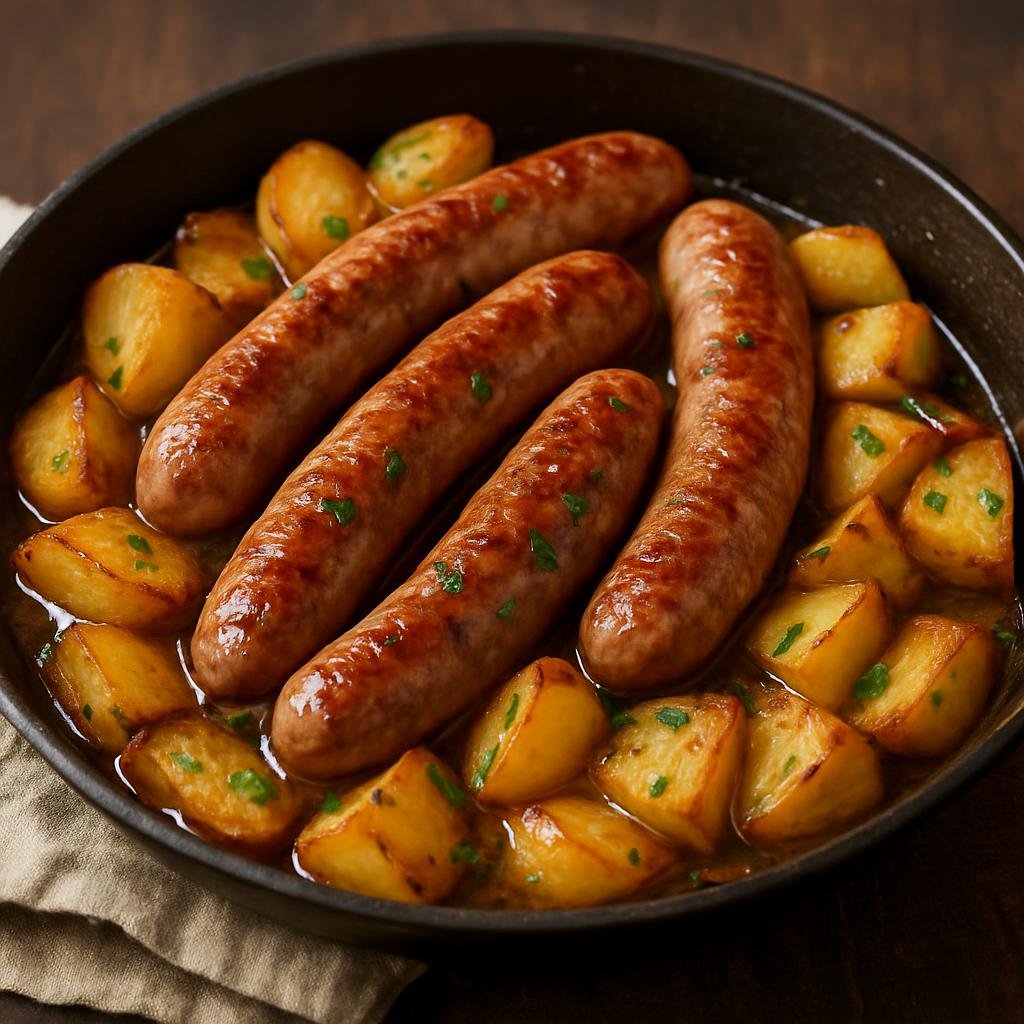 Entree: Switzerland – Italian Swiss / Ticino – Luganighetta con Patate (Pan-seared Swiss-Italian luganighetta sausages cooked with potatoes in a simple wine-herb pan sauce) recipe