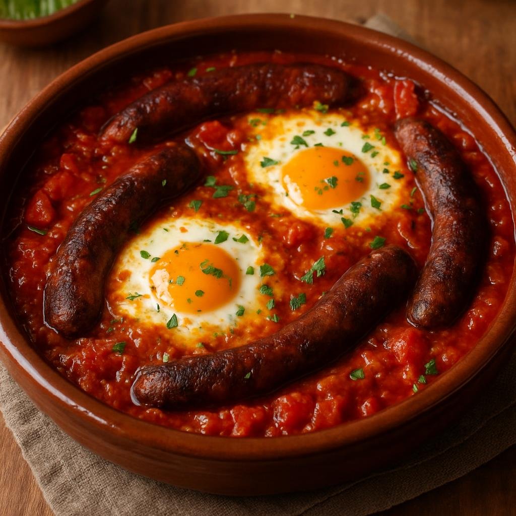 Entree: Tunisia – Tunis & North – أوجة بالمرقاز ➤ Ojja bil-merqaz (Tunisian spicy tomato and egg stew cooked with merguez sausages) recipe