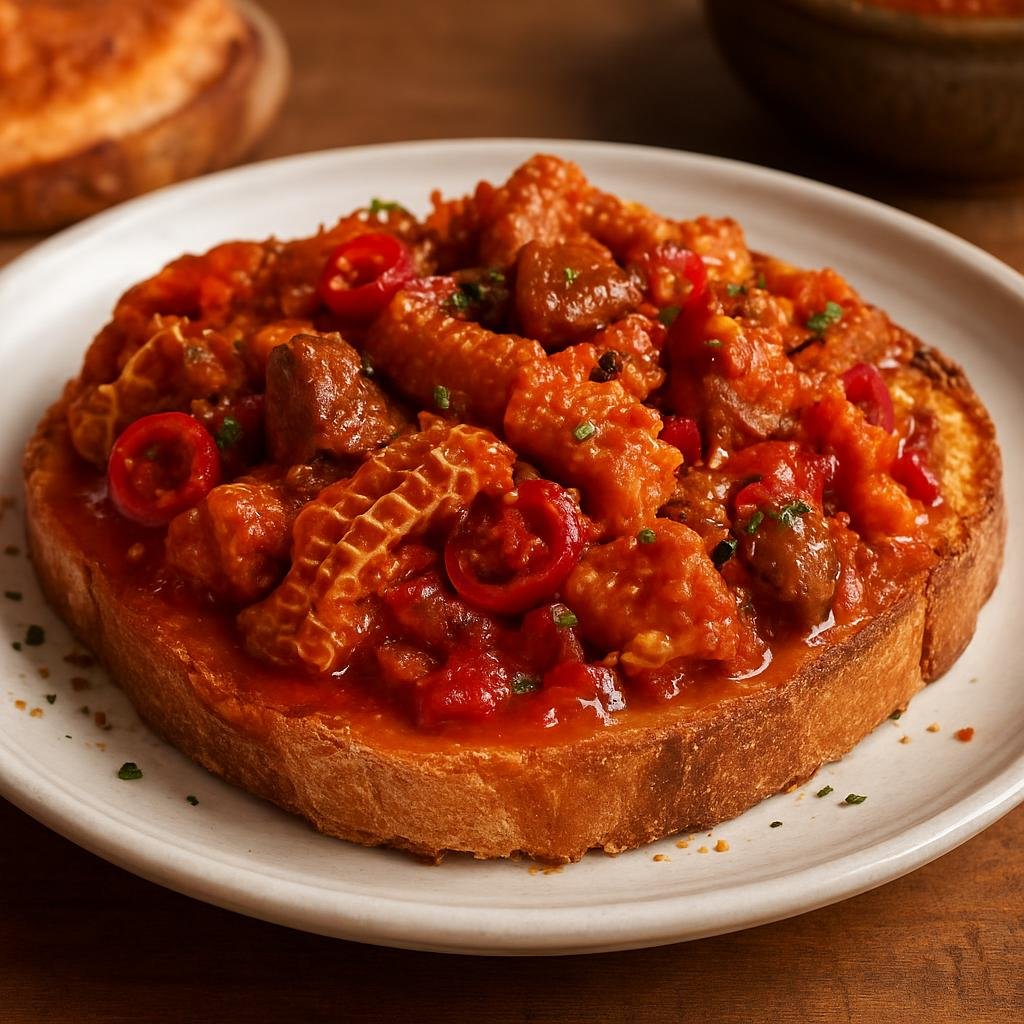 Entree: Italy – Calabria – Morzello (Calabrian spicy tripe and beef tomato stew typically served on toasted bread) recipe