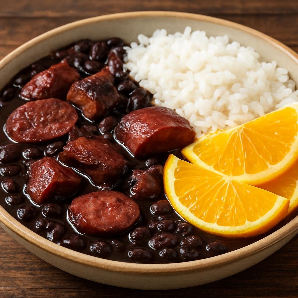 Entree: Brazil – Brazilian Street Food – Feijoada (Hearty black bean stew with assorted pork cuts served with rice and orange slices) recipe