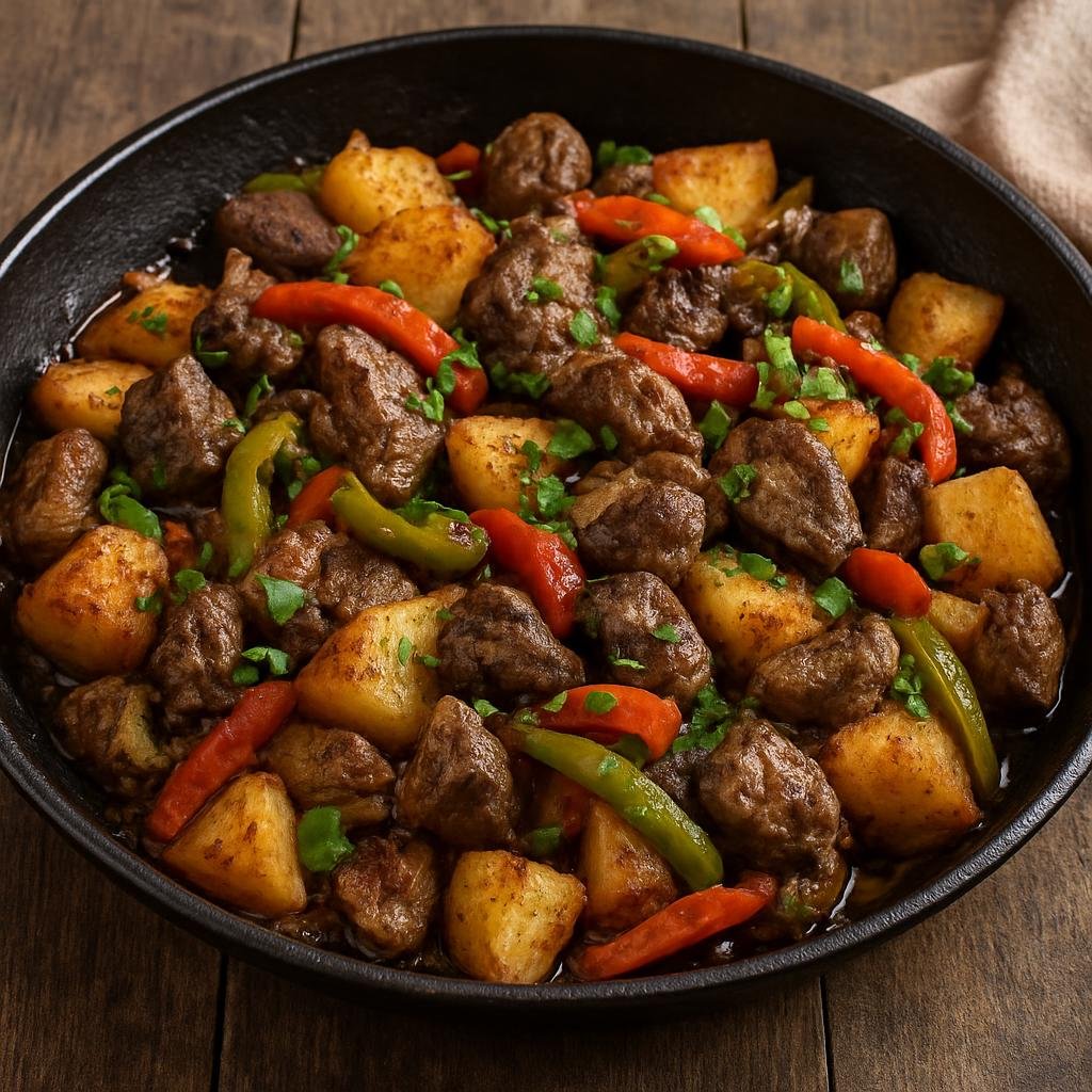 Entree: Spain – Balearic Islands – Frito Mallorquín (Mallorcan skillet fry of potatoes and lamb liver with peppers and herbs) recipe