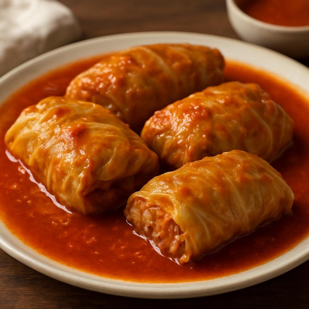 Entree: Poland – Mazovia / Warsaw – Gołąbki (Cabbage leaves stuffed with seasoned rice and minced pork and beef simmered in a savory tomato sauce) recipe