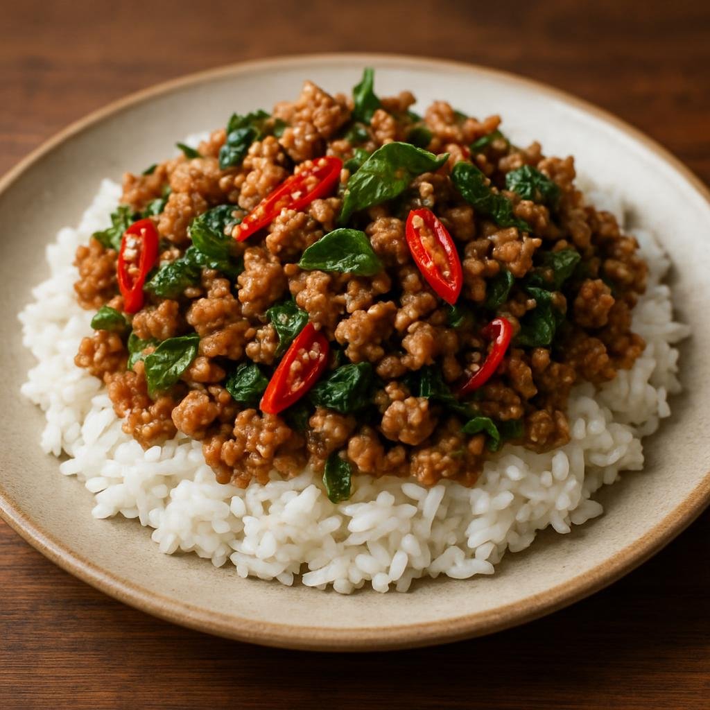 Entree: Thailand – Northeastern Isan – ผัดกะเพรา หมูสับ ➤ Phat krapao mu sap (Stir-fried minced pork with holy basil, garlic, and chiles served over rice) recipe