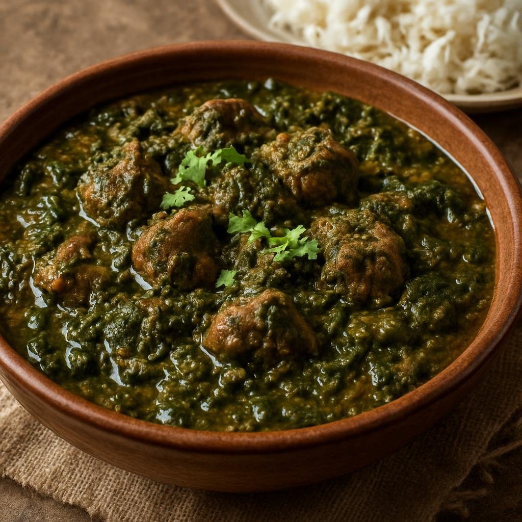 Entree: Afghanistan – Kabul & Central Afghanistan – قورمه سبزی ➤ Qorma-e Sabzi (Hearty Afghan herb stew of lamb simmered with spinach, fenugreek, and warm spices, often served with rice) recipe