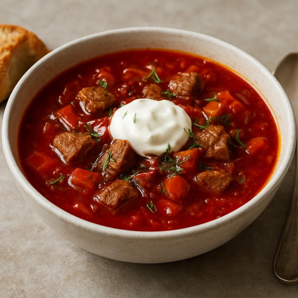 Entree: Ukraine – Kyiv & Central Ukraine – Борщ з м'ясом ➤ Borshch z m'yasom (Hearty beet soup with beef, root vegetables, and fresh dill served hot with sour cream) recipe